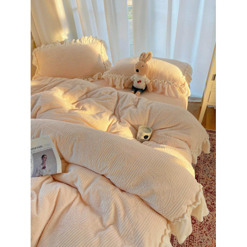 秋冬法式浪漫粉花邊公主風牛奶絨四件套雕花絨被套珊瑚絨床單床包