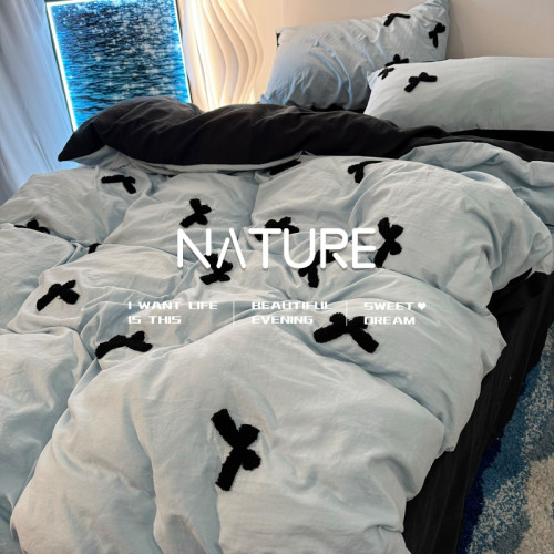 輕奢新款藍色蝴蝶結純棉被套水洗棉刺綉款男被罩四件套女生三件套