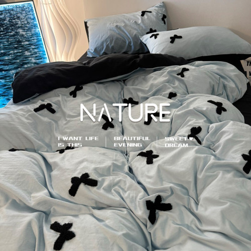 輕奢新款藍色蝴蝶結純棉被套水洗棉刺綉款男被罩四件套女生三件套