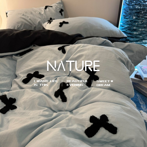 輕奢新款藍色蝴蝶結純棉被套水洗棉刺綉款男被罩四件套女生三件套