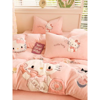 hellokitty牛奶絨床上四件套兒童女孩雙面加絨被套珊瑚絨床單三件