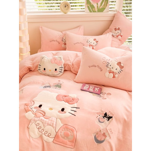 hellokitty牛奶絨床上四件套兒童女孩雙面加絨被套珊瑚絨床單三件