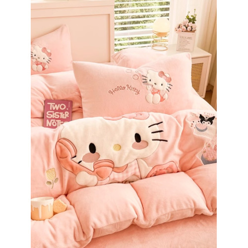 hellokitty牛奶絨床上四件套兒童女孩雙面加絨被套珊瑚絨床單三件