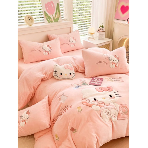hellokitty牛奶絨床上四件套兒童女孩雙面加絨被套珊瑚絨床單三件