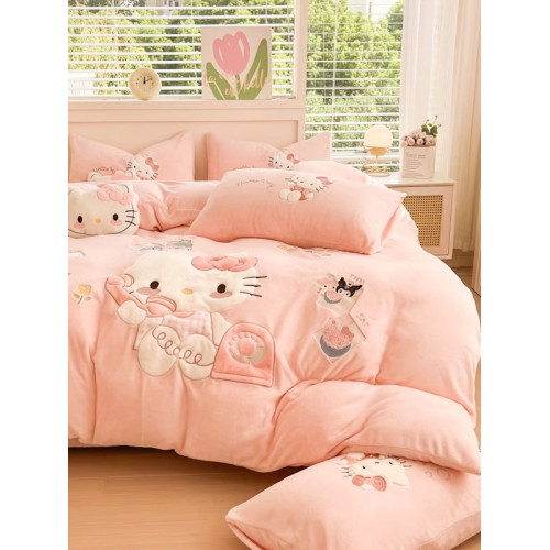 hellokitty牛奶絨床上四件套兒童女孩雙面加絨被套珊瑚絨床單三件