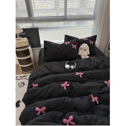 酷黑少女心粉色蝴蝶結毛巾綉水洗棉四件套黑色床單被套宿捨三件套