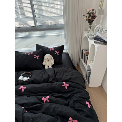 酷黑少女心粉色蝴蝶結毛巾綉水洗棉四件套黑色床單被套宿捨三件套