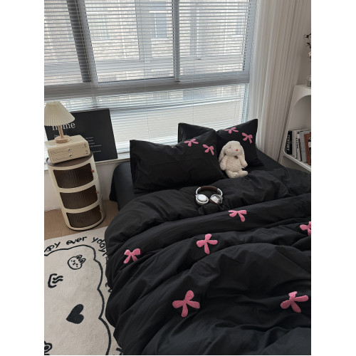 酷黑少女心粉色蝴蝶結毛巾綉水洗棉四件套黑色床單被套宿捨三件套
