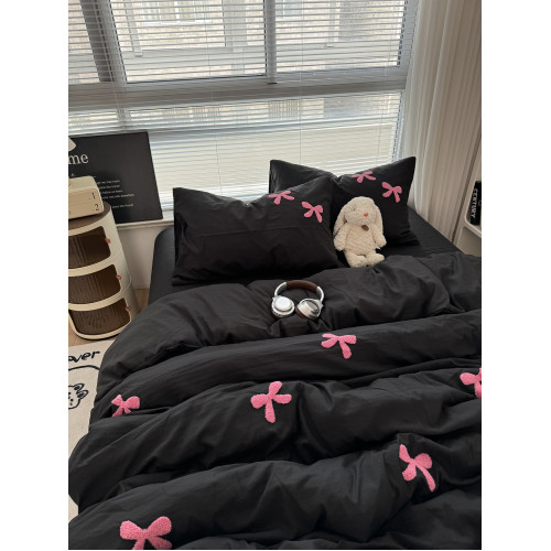 酷黑少女心粉色蝴蝶結毛巾綉水洗棉四件套黑色床單被套宿捨三件套