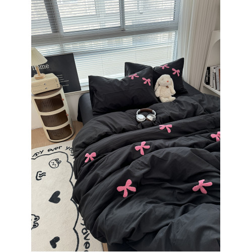 酷黑少女心粉色蝴蝶結毛巾綉水洗棉四件套黑色床單被套宿捨三件套