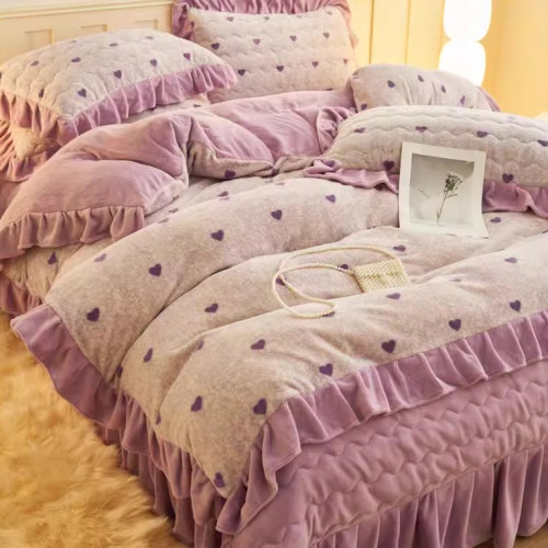 花邊牛奶絨四件套冬季加絨加厚法蘭珊瑚絨被套夾棉床蓋床單公主風