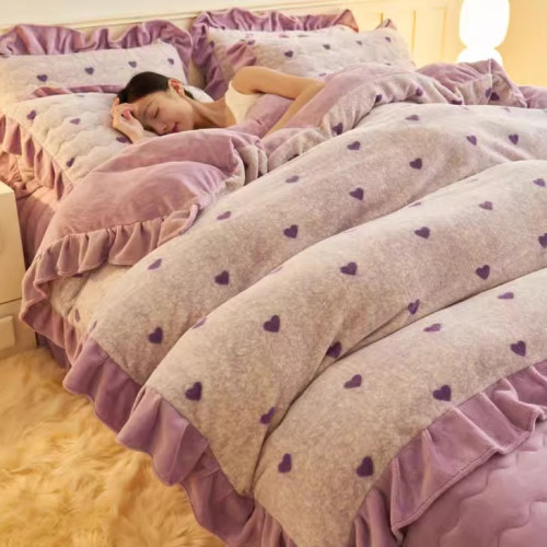 花邊牛奶絨四件套冬季加絨加厚法蘭珊瑚絨被套夾棉床蓋床單公主風