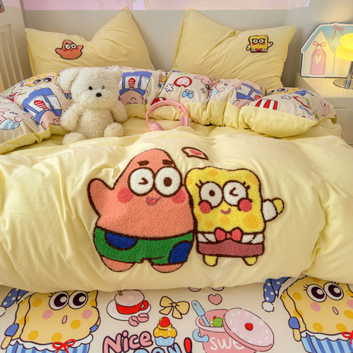 卡通毛巾綉床上四件套2026新款被套床單人兒童學生宿捨三件套床品