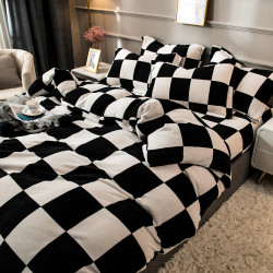 黑白格子冬季牛奶絨四件套珊瑚絨被套床單人三件套加絨床上用品男
