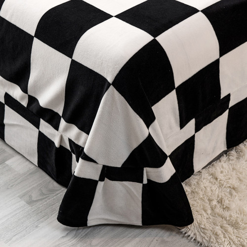 黑白格子冬季牛奶絨四件套珊瑚絨被套床單人三件套加絨床上用品男
