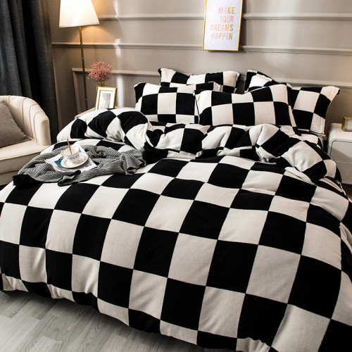 黑白格子冬季牛奶絨四件套珊瑚絨被套床單人三件套加絨床上用品男