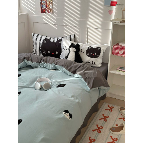 ins可愛小貓毛巾綉柔軟四件套卡通親膚三件套1.5m1.8米床單床包款