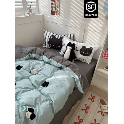 ins可愛小貓毛巾綉柔軟四件套卡通親膚三件套1.5m1.8米床單床包款