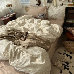 法式風ins復古奶茶水墨花小兔四件套水洗棉1.8床單被套學生三件套