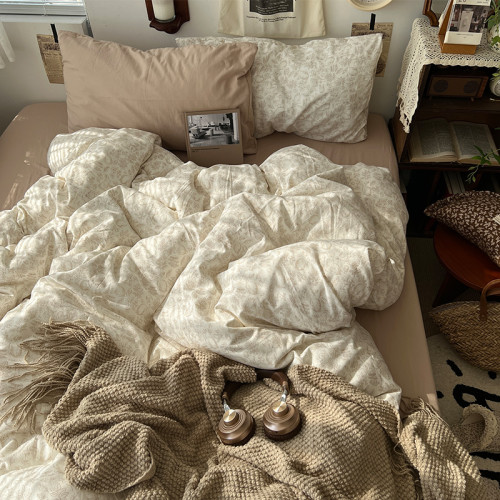 法式風ins復古奶茶水墨花小兔四件套水洗棉1.8床單被套學生三件套