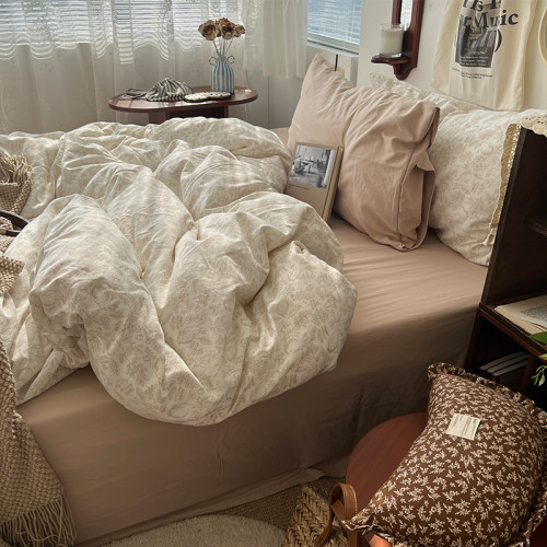 法式風ins復古奶茶水墨花小兔四件套水洗棉1.8床單被套學生三件套