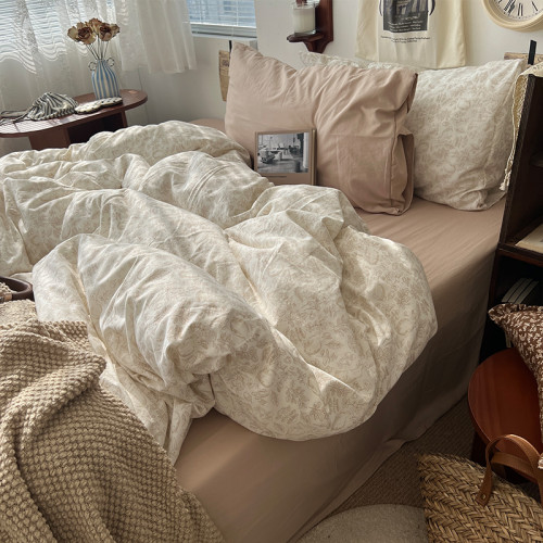 法式風ins復古奶茶水墨花小兔四件套水洗棉1.8床單被套學生三件套