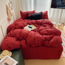 ins四件套純棉大紅床上用品被套被罩床單床包純色宿捨單人三件套4