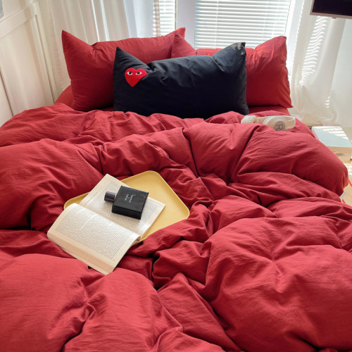 ins四件套純棉大紅床上用品被套被罩床單床包純色宿捨單人三件套4