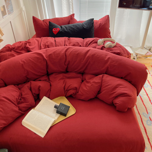 ins四件套純棉大紅床上用品被套被罩床單床包純色宿捨單人三件套4