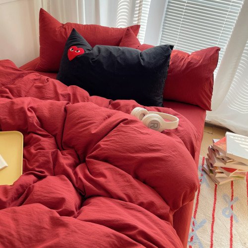 ins四件套純棉大紅床上用品被套被罩床單床包純色宿捨單人三件套4