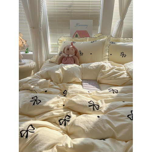 床裙款簡約綉花蝴蝶結四件套 超柔軟A類純色水洗棉被套床單公主風