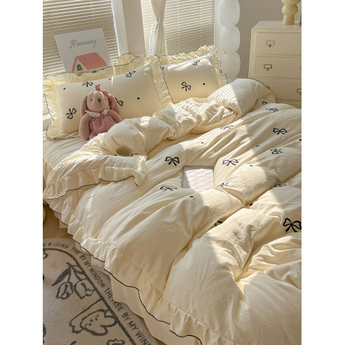 床裙款簡約綉花蝴蝶結四件套 超柔軟A類純色水洗棉被套床單公主風