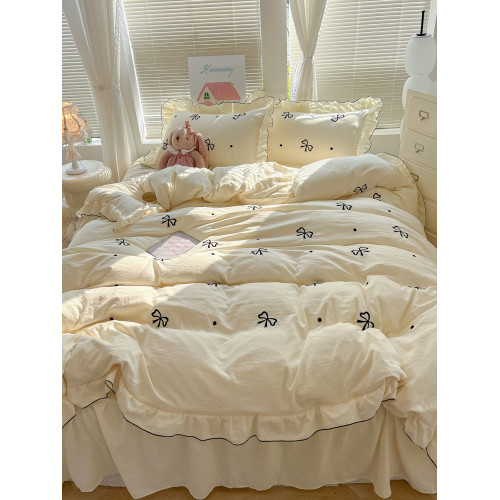 床裙款簡約綉花蝴蝶結四件套 超柔軟A類純色水洗棉被套床單公主風