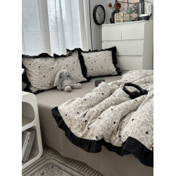 赫本風ins少女心黑色花邊小碎花兔兔水洗棉四件套床單學生三件套