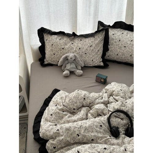 赫本風ins少女心黑色花邊小碎花兔兔水洗棉四件套床單學生三件套