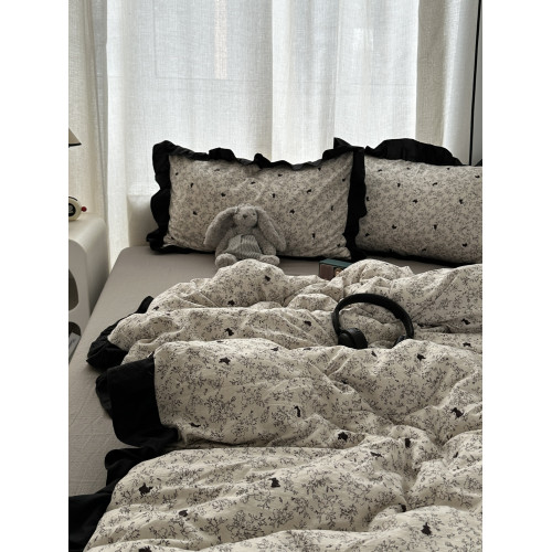 赫本風ins少女心黑色花邊小碎花兔兔水洗棉四件套床單學生三件套