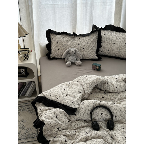 赫本風ins少女心黑色花邊小碎花兔兔水洗棉四件套床單學生三件套