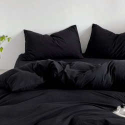 曜石黑~高級感四件套純色水洗棉麻床品被套床單床包款宿捨三件套
