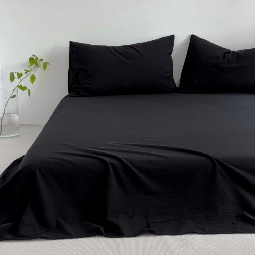 曜石黑~高級感四件套純色水洗棉麻床品被套床單床包款宿捨三件套