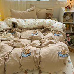 ins簡約奶茶色可愛臘腸狗毛巾綉四件套水洗棉床單被套卡通三件套4