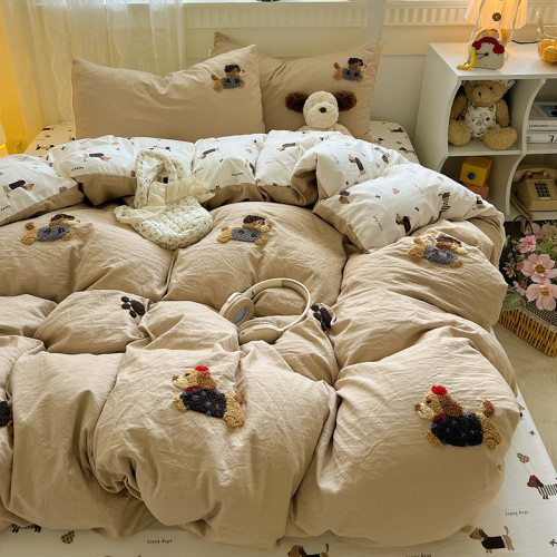 ins簡約奶茶色可愛臘腸狗毛巾綉四件套水洗棉床單被套卡通三件套4