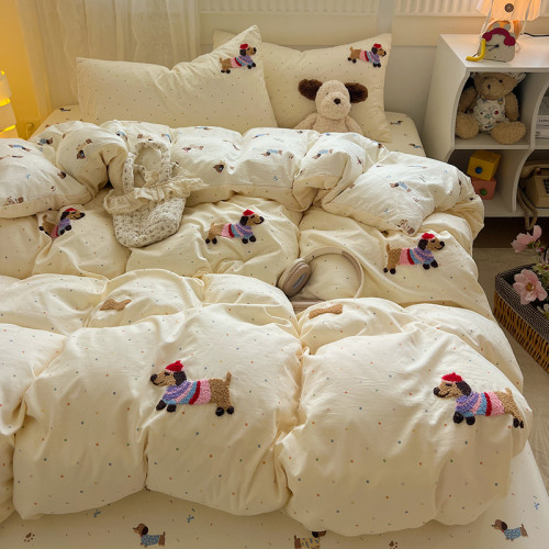 ins簡約奶茶色可愛臘腸狗毛巾綉四件套水洗棉床單被套卡通三件套4