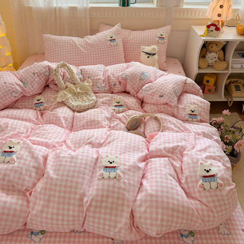 ins簡約奶茶色可愛臘腸狗毛巾綉四件套水洗棉床單被套卡通三件套4