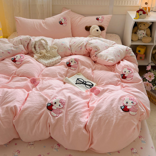 ins簡約奶茶色可愛臘腸狗毛巾綉四件套水洗棉床單被套卡通三件套4