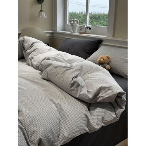 簡約風日式混搭灰色條紋水洗棉床上四件套學生被套床單公寓三件套