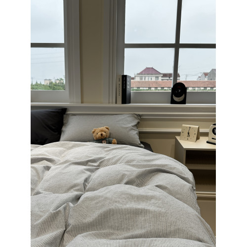 簡約風日式混搭灰色條紋水洗棉床上四件套學生被套床單公寓三件套
