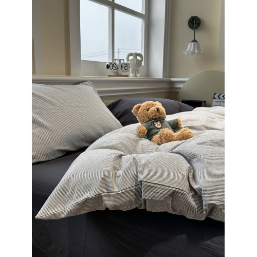 簡約風日式混搭灰色條紋水洗棉床上四件套學生被套床單公寓三件套