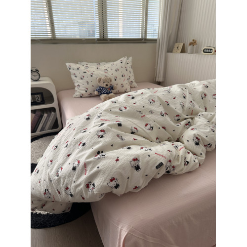 奶油少女ins卡通可愛KT貓軟糯水洗棉四件套學生床單學生三件套1.8