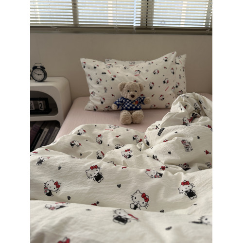 奶油少女ins卡通可愛KT貓軟糯水洗棉四件套學生床單學生三件套1.8