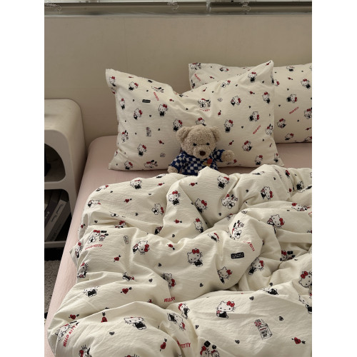 奶油少女ins卡通可愛KT貓軟糯水洗棉四件套學生床單學生三件套1.8